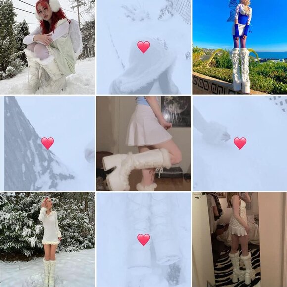 🆕Womens White Synthetic Mid Calf Lace Up Chunky High Heel Warm Fur Snow Boots - Picture 10 of 11